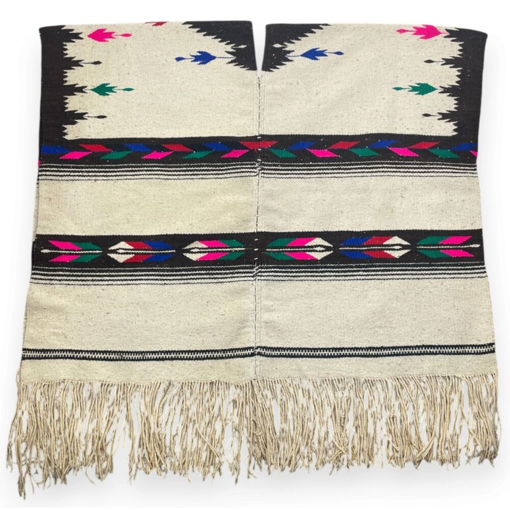 Vintage Hand Woven Mexican Poncho Serape Ivory Southwestern Wool Fringe Boho